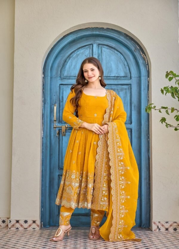 Mustard Yellow Heavy Crunchy Silk Embroidered Anarkali Kurta Set with Dupatta