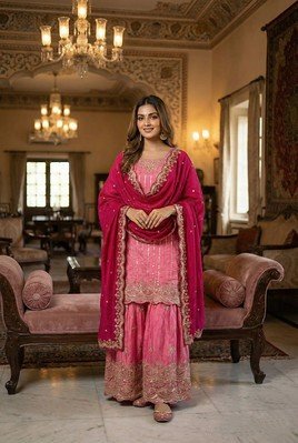 Heavy Chinon Embroidered Kurta Sharara Set with Dupatta