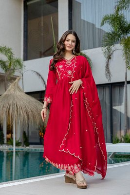 Red Vichitra Silk Embroidered Anarkali Kurta Set with Dupatta
