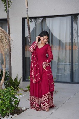 RED Faux Georgette Embroidered Anarkali Gown with Dupatta