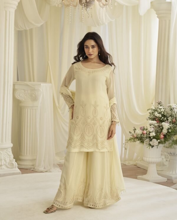 Ivory Cream Embroidered Kurta Plazzo Set in Real Georgette