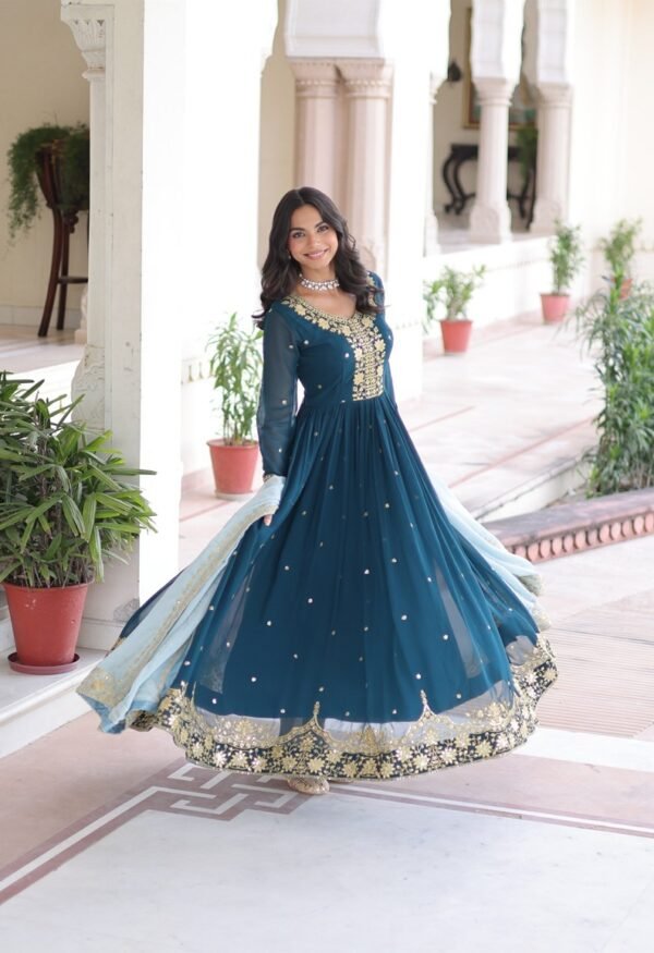 Peacock Blue Faux Georgette Embroidered Anarkali Gown with Dupatta