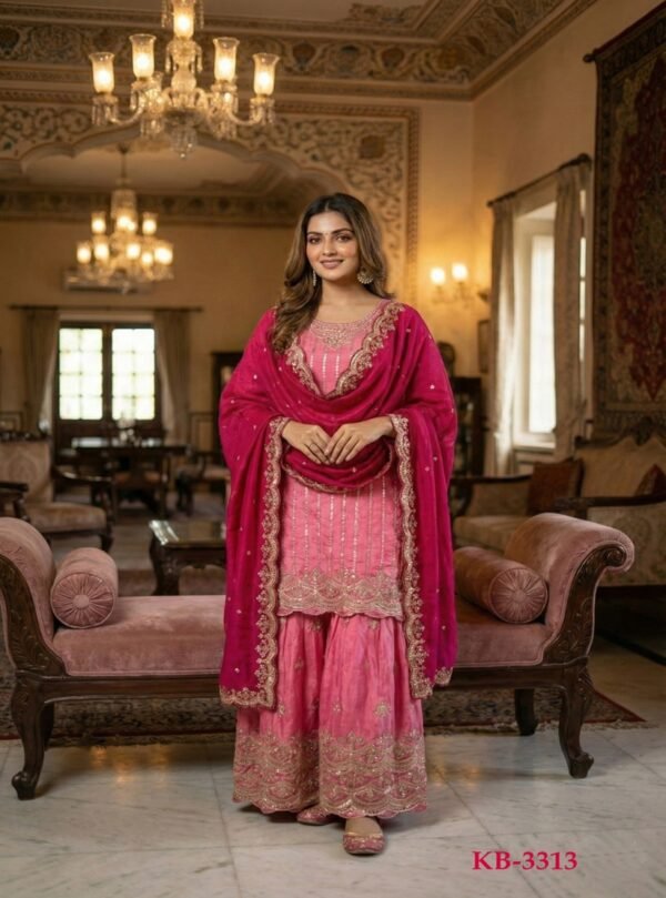 Heavy Chinon Embroidered Kurta Sharara Set with Dupatta