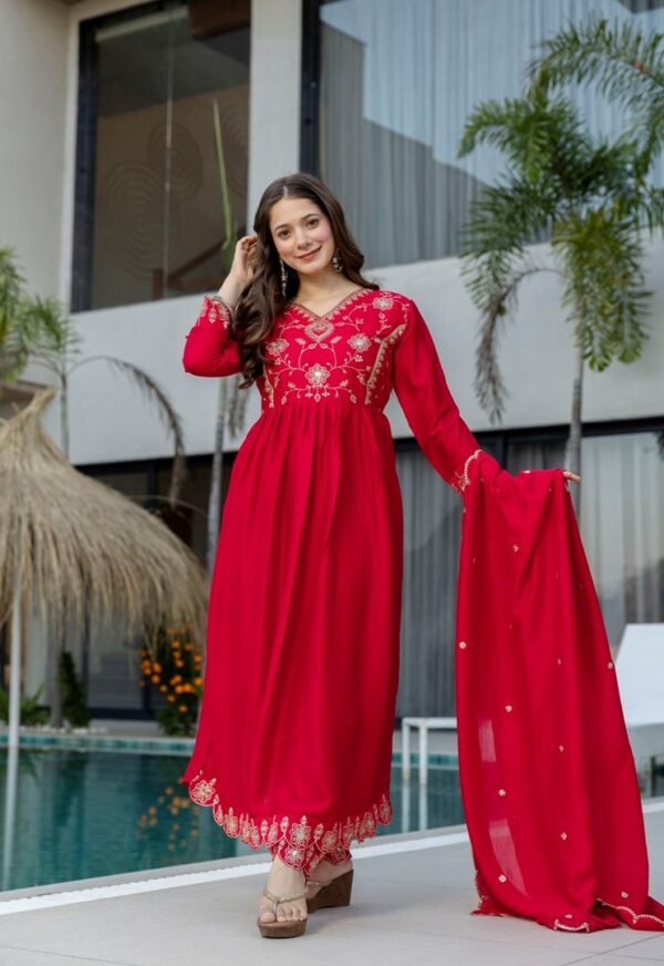 Red Vichitra Silk Embroidered Anarkali Kurta Set with Dupatta