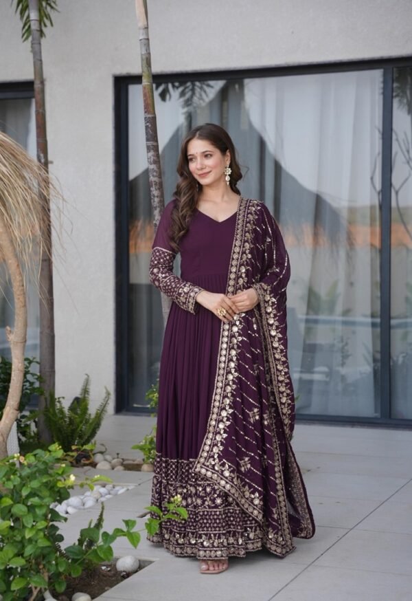 Wine Faux Georgette Embroidered Anarkali Gown with Dupatta