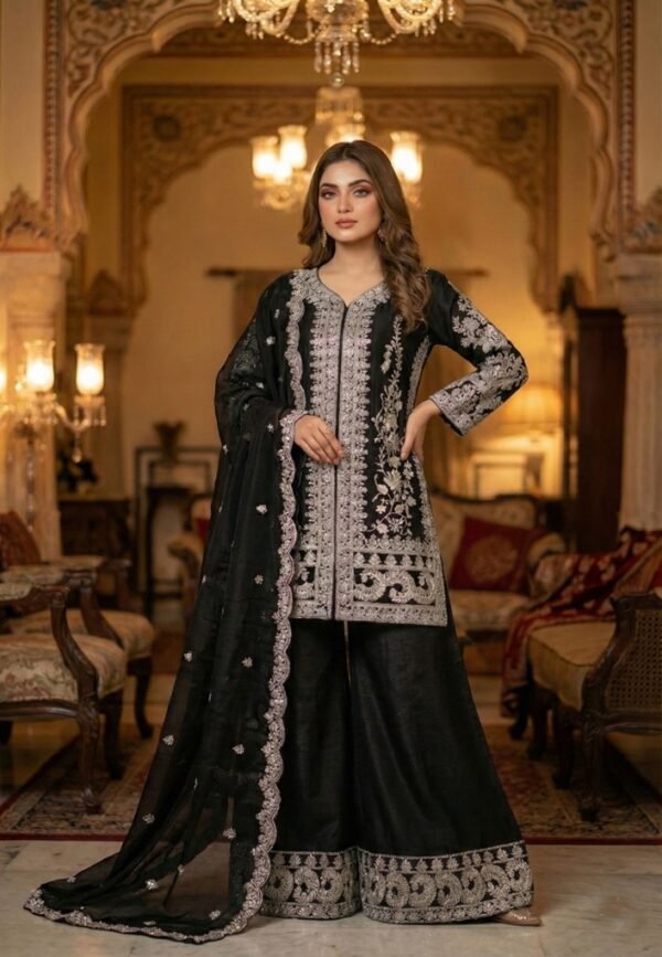 Heavy Chinon Embroidered Kurta Sharara Set with Dupatta