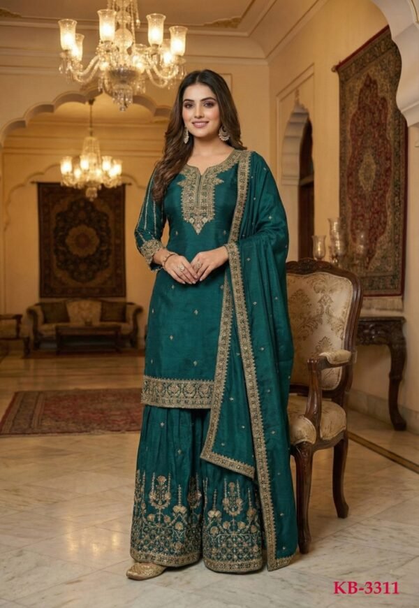 Heavy Chinon Embroidered Kurta Sharara Set with Dupatta