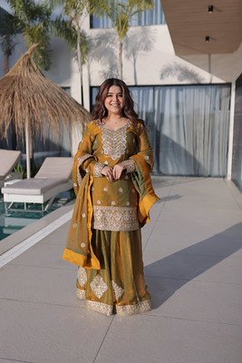Mustard Olive Embroidered Silk Kurta Set with Sharara & Dupatta