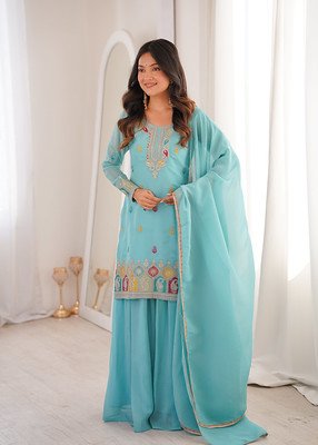Elegant Aqua Blue Pure Soft Crunchy Silk Embroidered Kurta Sharara Set with Dupatta