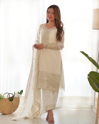 Graceful WHITE Embroidered Straight Kurta Set with Dupatta
