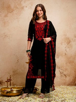 Midnight Black Kurta Set with Scarlet Embroidery & Dupatta