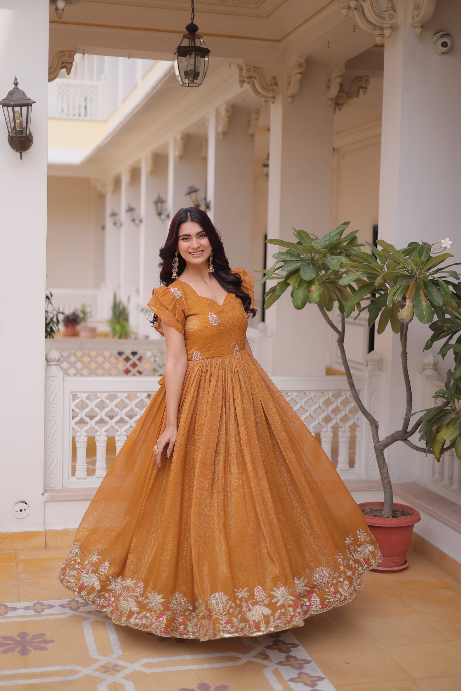 Embroidered Flared Anarkali Gown with Ruffle Sleeves