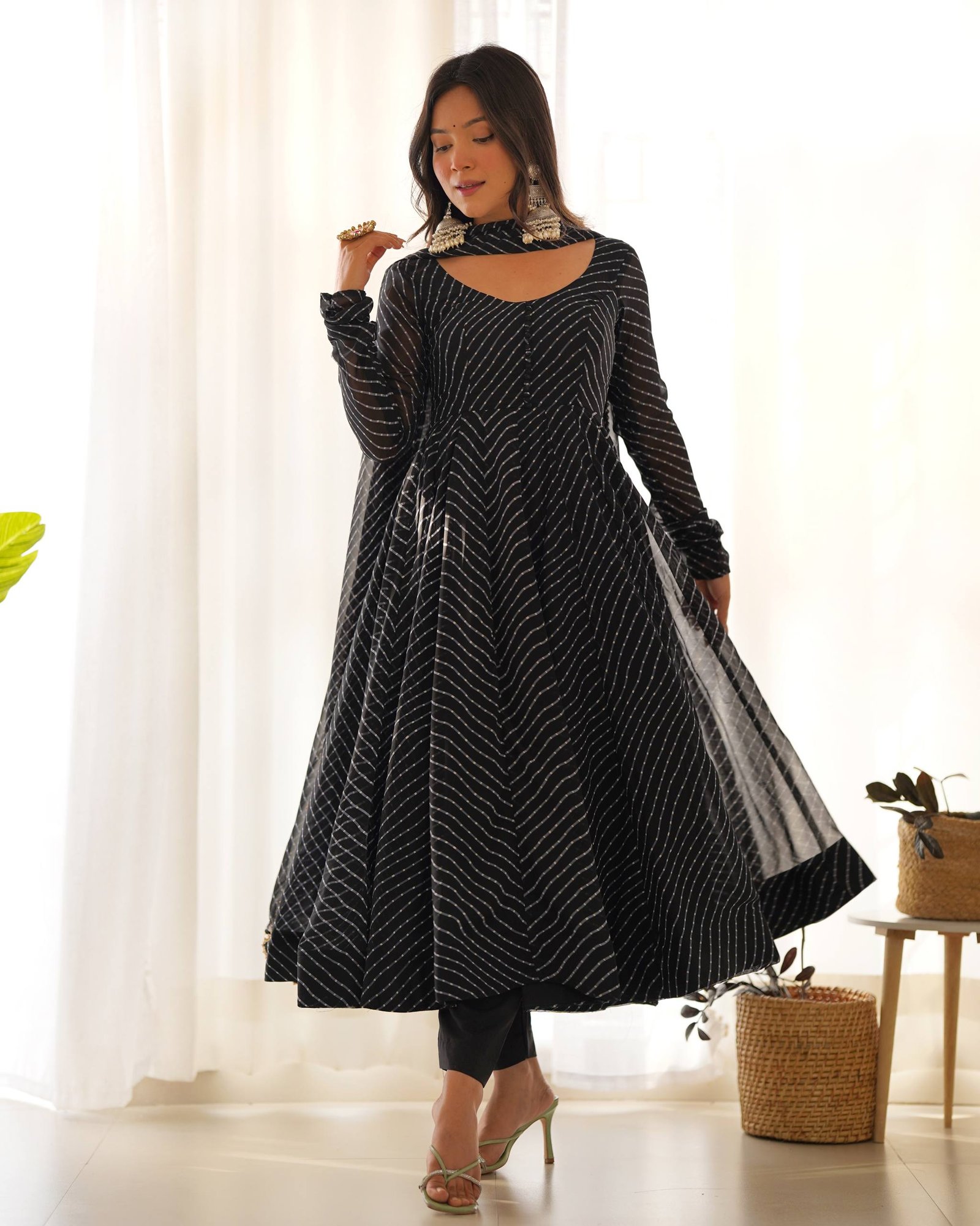 Laheriya Print Flared Anarkali Suit with Dupatta