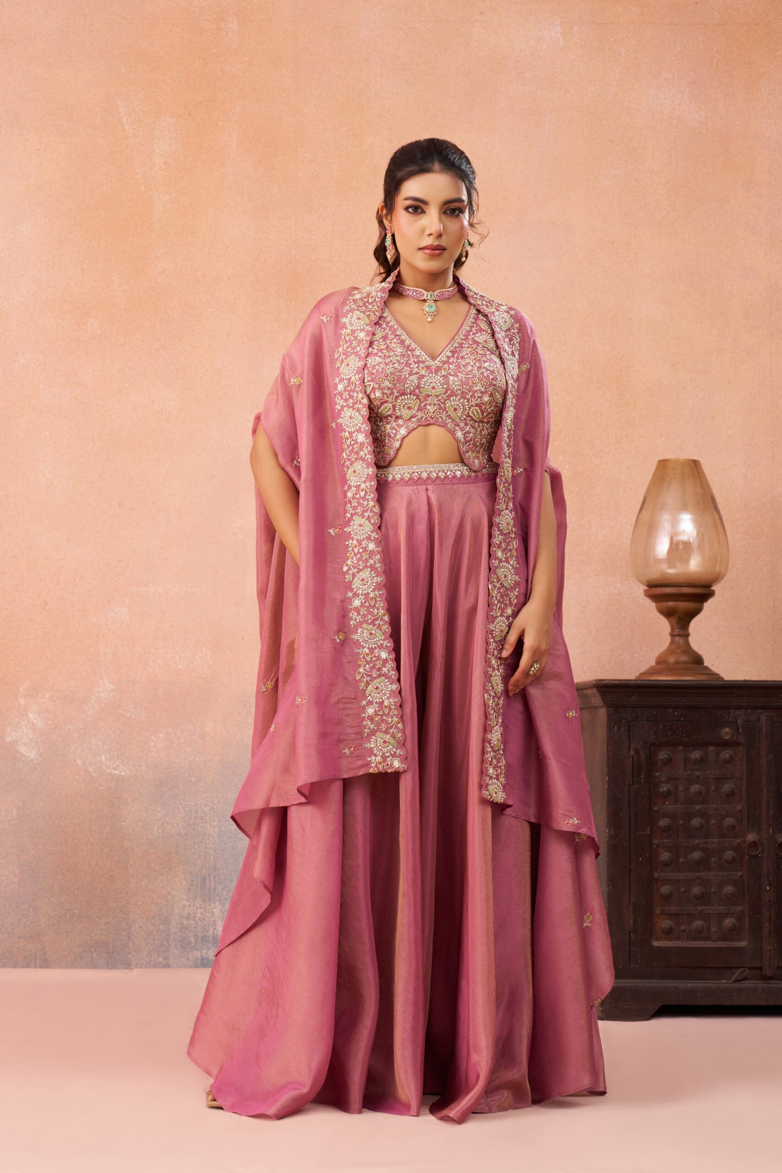 Embroidered Festive Co-Ord Set with Flared Cape Overlay