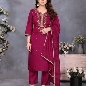 Wine Embroidered Kurta Set With Dupatta